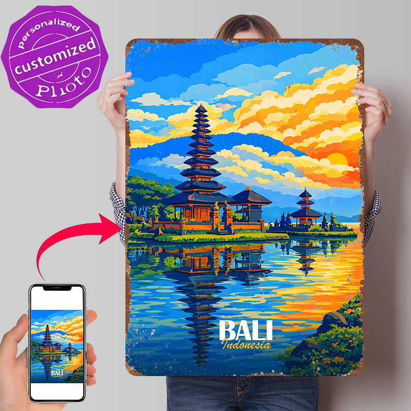 3D Printing Bali - Póster Retro del Templo Ulun Danu
